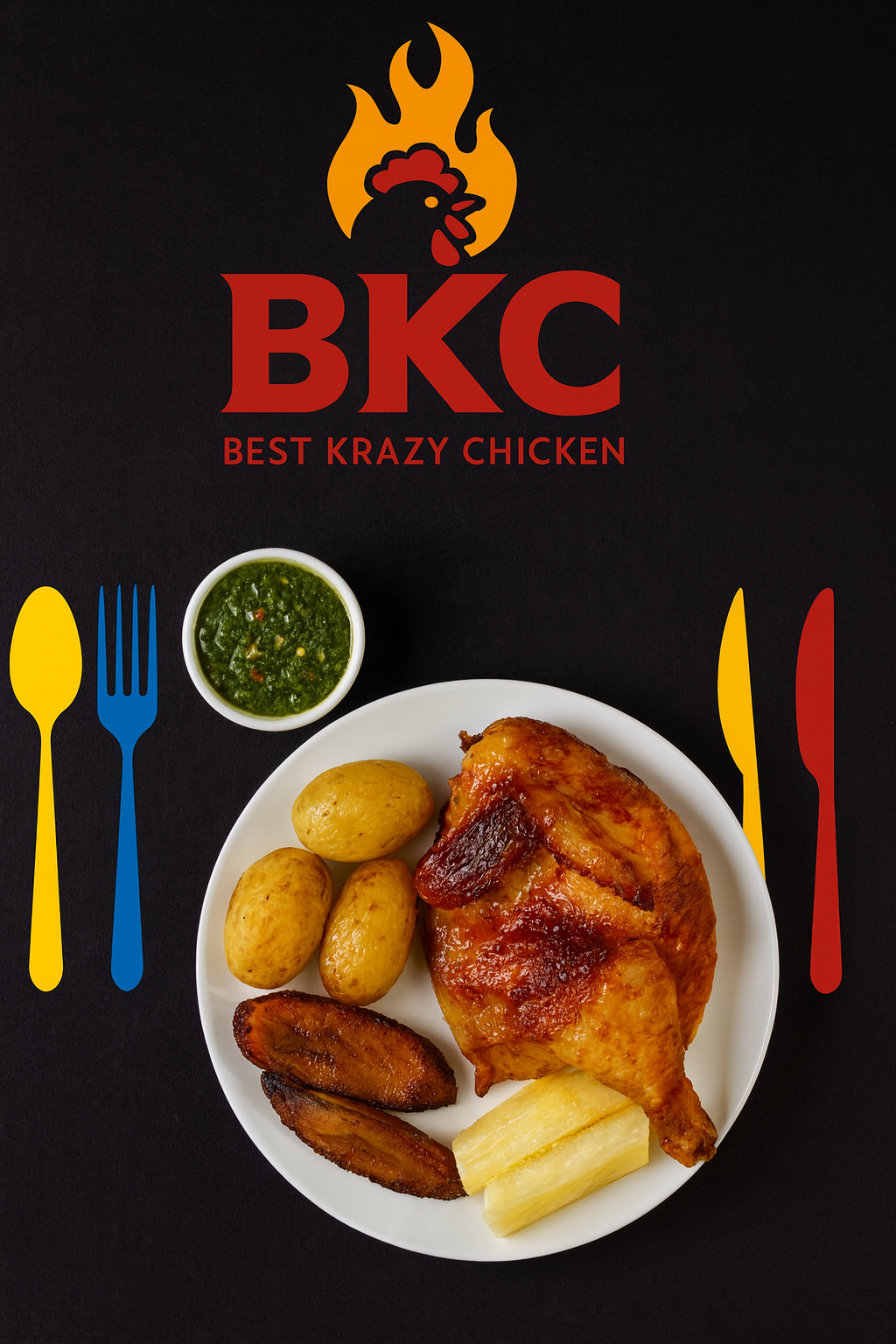 BKC plated dish: roasted chicken with roasted potatoes, ripe plantain, yuca, and chimichurri