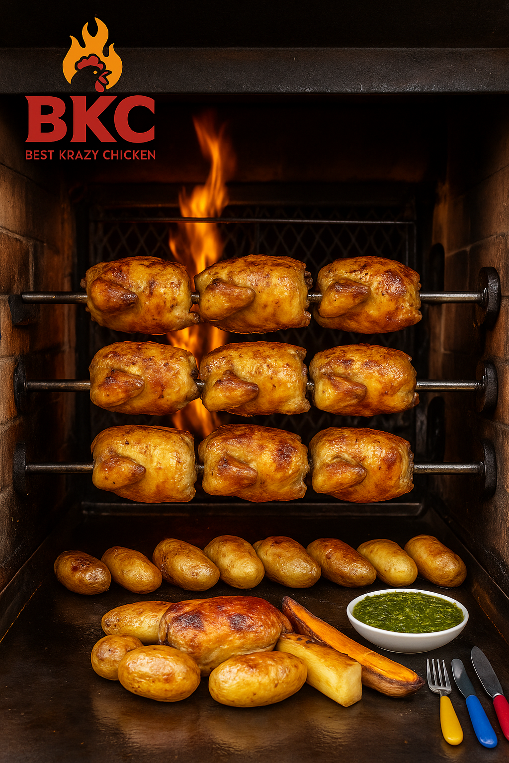 BKC rotisserie with chickens and potatoes